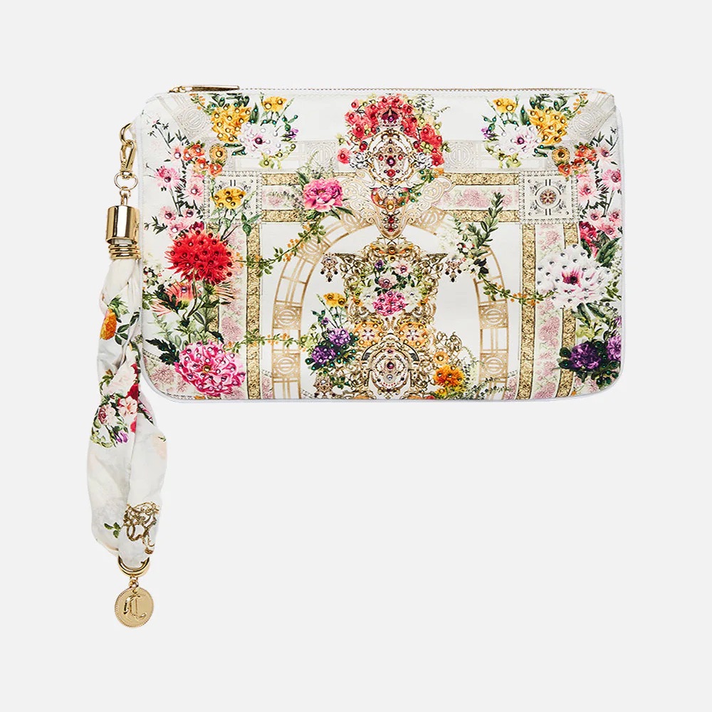 Camilla “Egyptian Rose” White Floral Scarf Boho Clutch Pouch Purse Bag